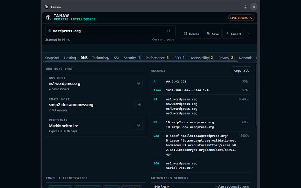 Tanaw 0.5.4 DNS view for wordpress.org showing resolver, registrar, mail and DNS record evidence.