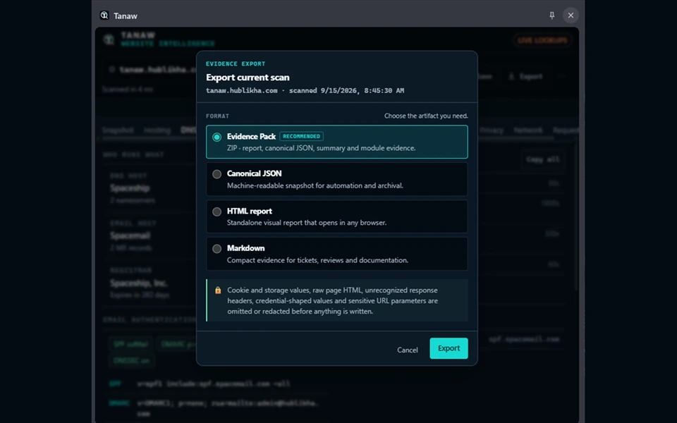Tanaw 0.5.4 Evidence Export dialog showing Evidence Pack, Canonical JSON, HTML report and Markdown formats.