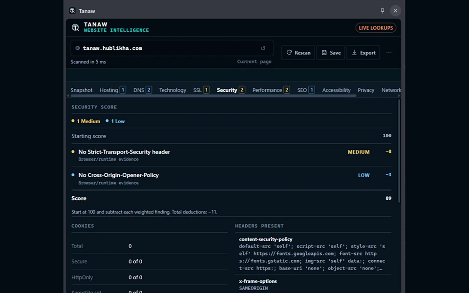 Tanaw 0.5.4 Security view for tanaw.hublikha.com showing severity, score and browser/runtime evidence.