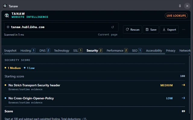 Tanaw 0.5.4 Security view showing severity, score and browser/runtime evidence in the current report shell.